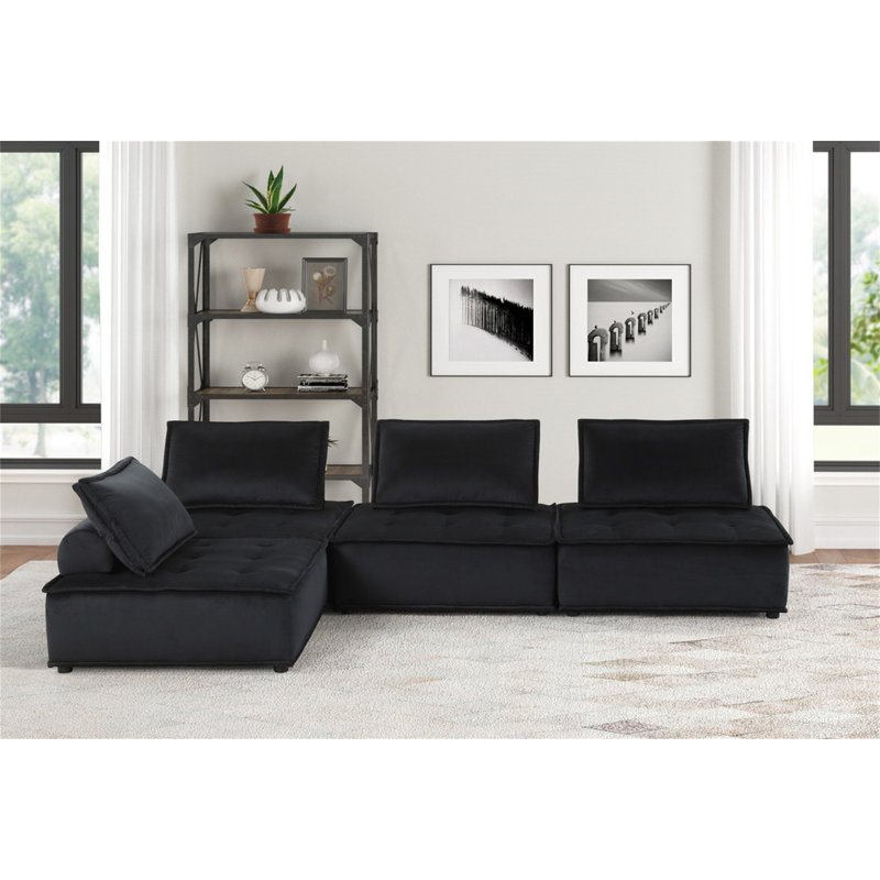 Canapé modulaire en velours noir 4 pièces Aveline, H 29 po x l 120 po x P 40 po