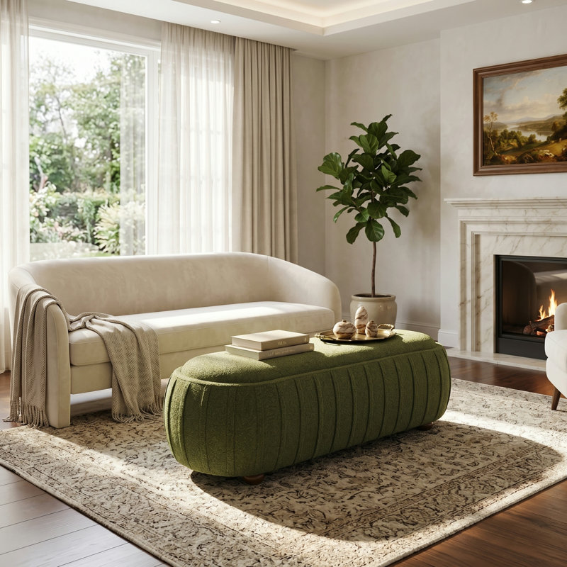 Pouf ottoman ovale moderne capitonné à canaux verticaux, table basse/repose-pieds pour salon, vert olive, Vert