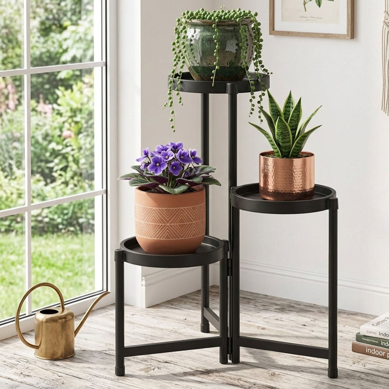 Support pour plante pliable à 3 niveaux, tablette de coin en métal avec plateaux étanches pour une utilisation intérieure et extérieure