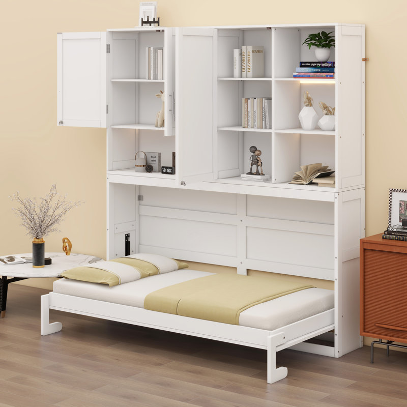 Lit escamotable avec armoire supérieure, tablettes, lit pliable peu encombrant avec éclairage et port USB, Gris