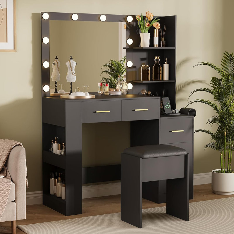 Makeup Vanity Desk With 3 Color Lighting Modes And 5 Drawers, Black