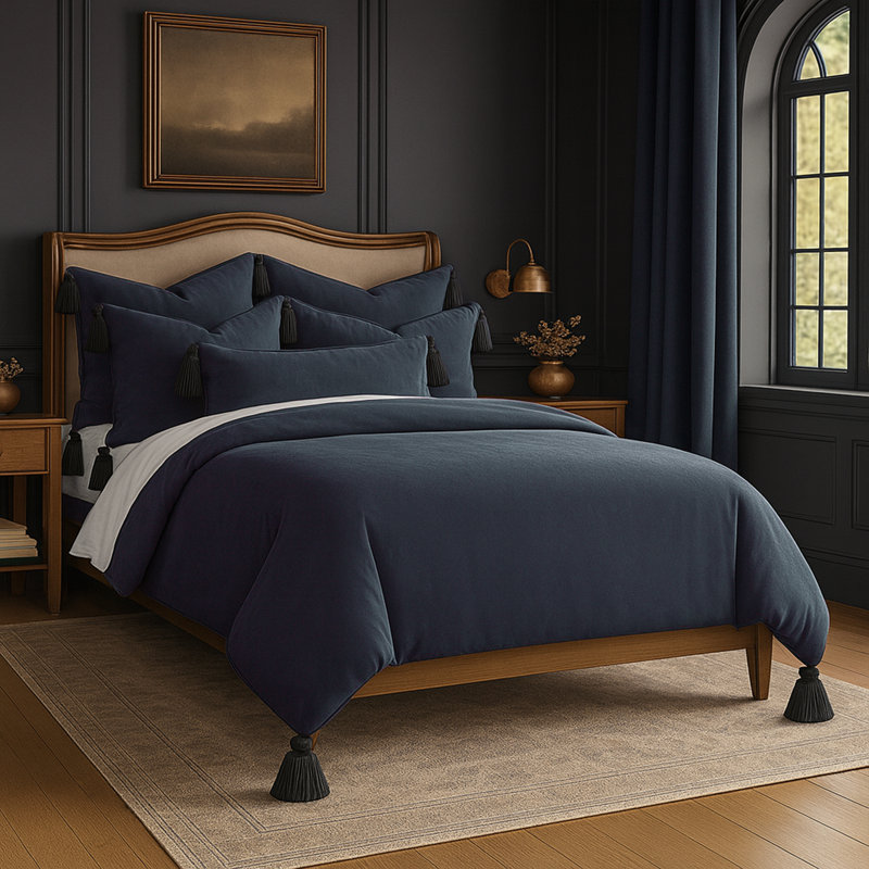 Cascade pompon bleu marine, Marine, Édredon de très grande taille et 5 pièces suppl