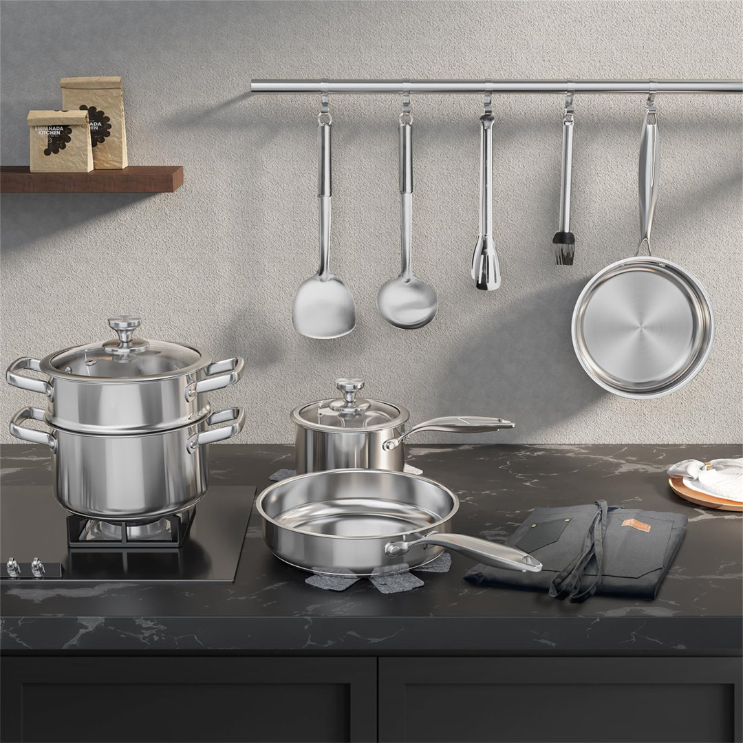 16-Piece Stainless Steel Saucepan Set, Induction Pots And Pans Set With Steamer & Glass Lids, Kitchen Cookware Set With Utensil Set Pot Protectors And
