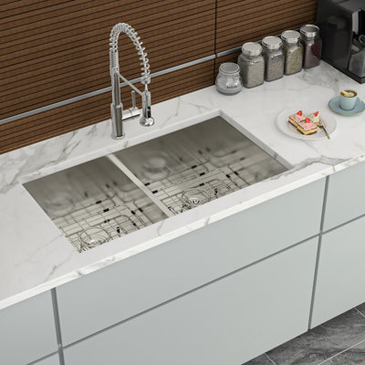 Double Bowl Undermount Sink 33"X19", 16 Gauge Stainless Steel, 10" Deep Basin, X Grooves For Quick Water Drainage 33"X19" Steel Sink, Installation, Gauge,