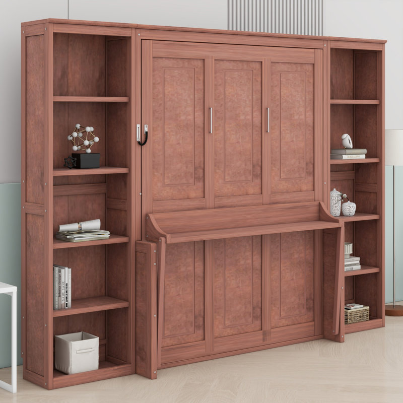 Lit escamotable compact avec bureau et tablettes de rangement, Marron foncé