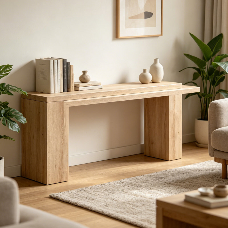 Console Mid-Century moderne, 33.5" H x 63" W x 13.8" D, Natural Wood