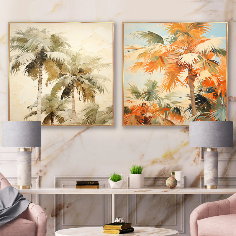 Palmier Desert Oasis - Ensemble de 2 collages carrés palmiers et palmiers, Cadre flottant doré, H 36 po x l 73 po