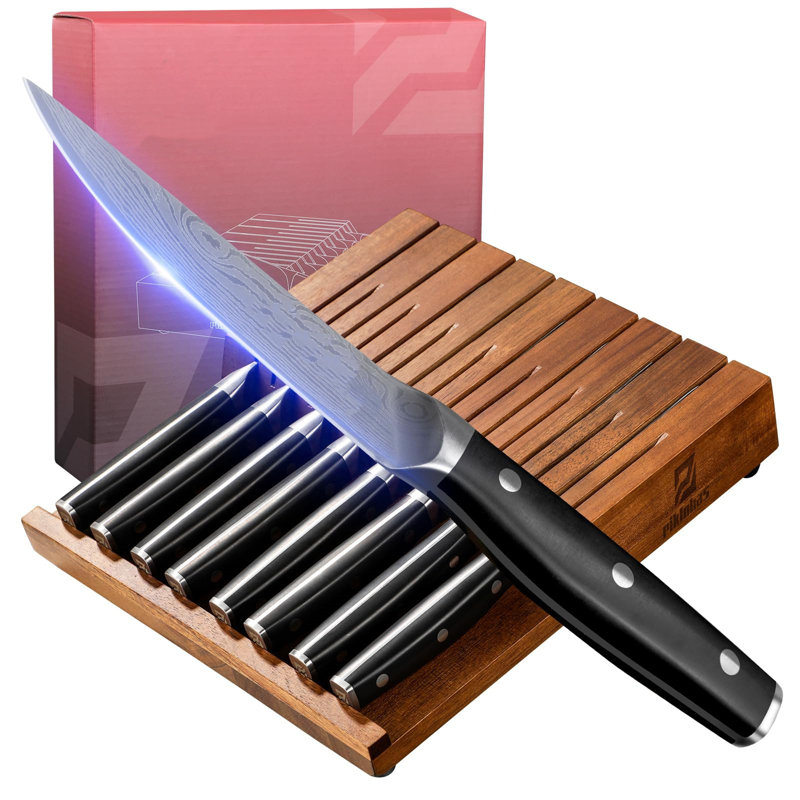 MODERN WALLS LLC Steak Knives Set Of 8 With Drawer Organizer, 4.5 Inch Non Serrated Dinner Knife, Forged German Steel Damascus Pattern Straight Edge Meat Knife With Full Tang Handle, Dishwasher Safe