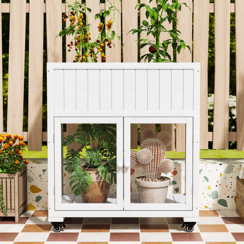 Portable Wood Greenhouse with Raised Bed, Drainage Liner and Wheels, White