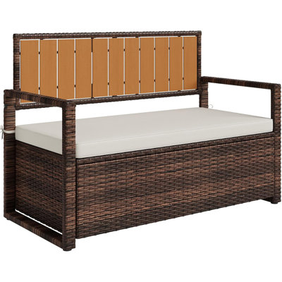 Coffre de terrasse en rotin 75 gallons avec dossier et coussin imperméable PE - Banc de rangement extérieur avec accoudoirs en bois et structure en métal pour patio, jardin, bord de piscine