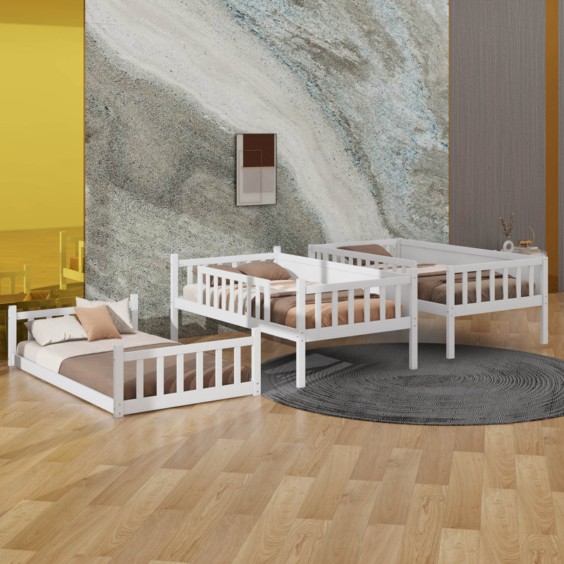 Lit superposé simple en bois d'hévéa triple avec échelles et barrières de sécurité, Blanc
