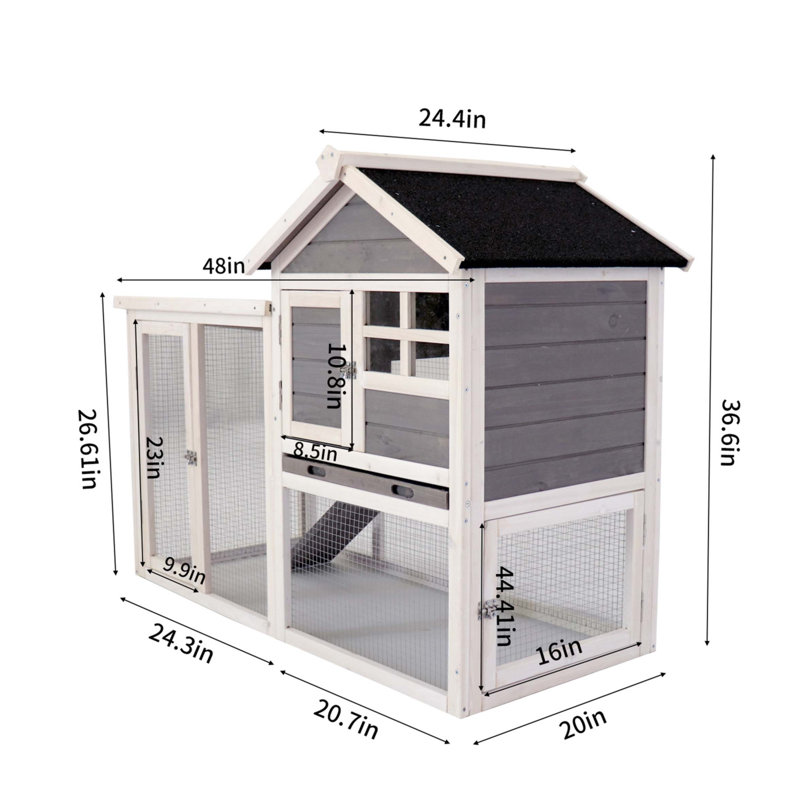 Demarquise Rabbit Hutch, Gray, 36.8" H x 24.4" W x 48" D