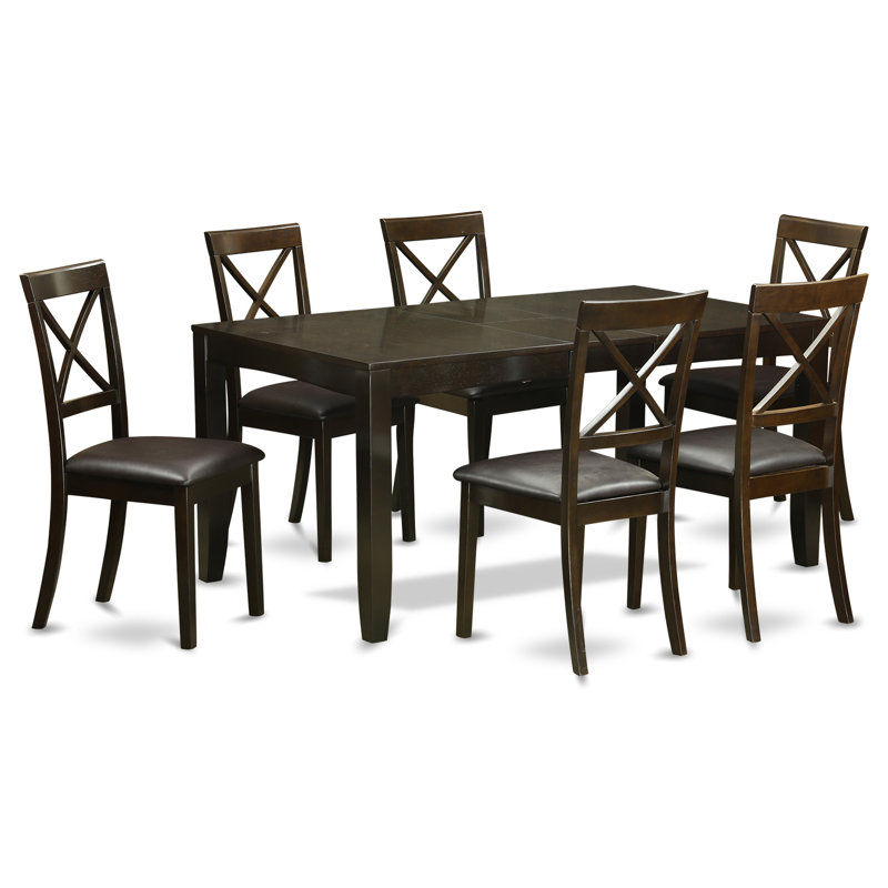 Ensemble de table de salle à manger 7 pièces composé d'une table de cuisine rectangulaire avec rallonge papillon et 6 chaises en similicuir, cappuccino