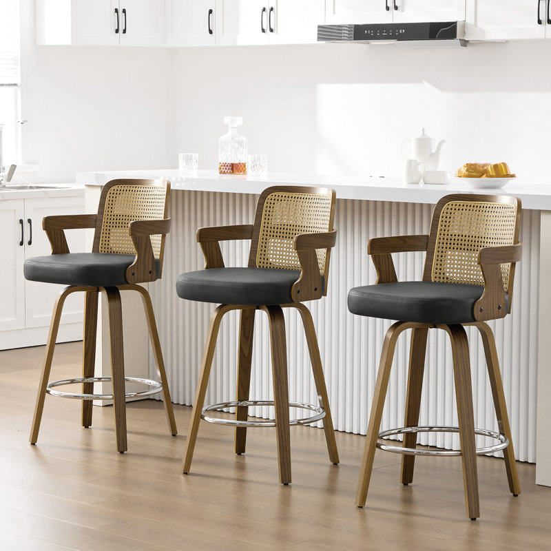 26.77" Upholstered Cane Back Counter & Bar Stool With Armrest, Black, Bar Stool (29" Seat Height)