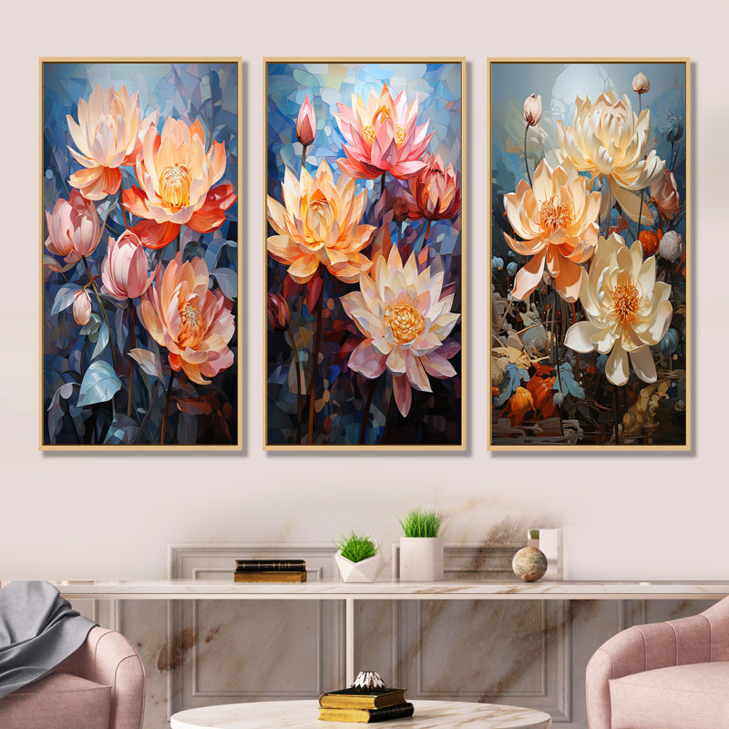 Lotus Cubist Harmony - lot de 3 décorations murales Lotus, Cadre flottant brun, H 40 po x l 60 po