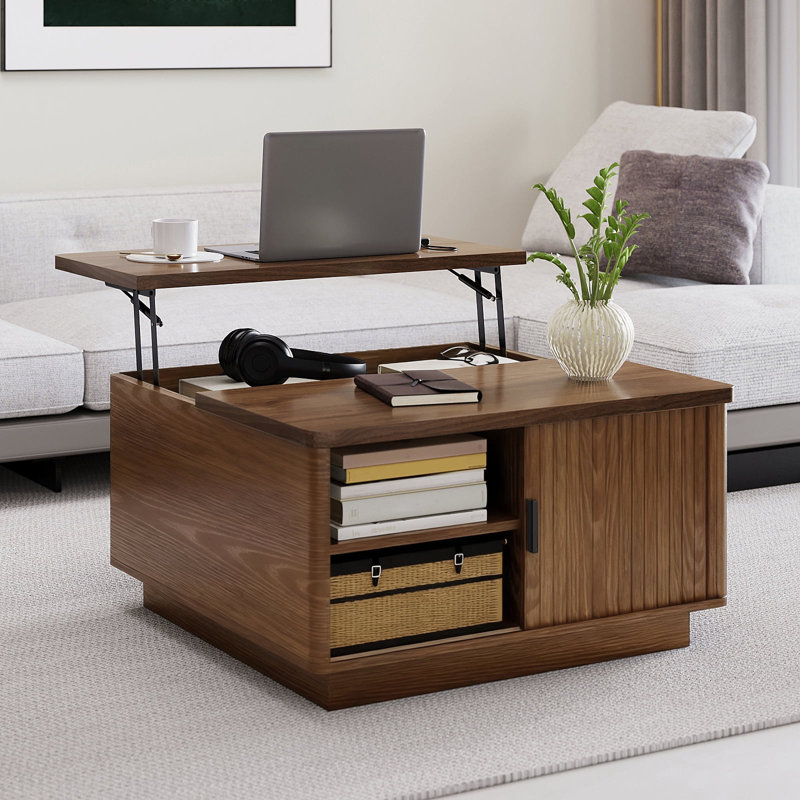 Lift Top Coffee Table, 31" Square Center Table With Sliding Door, Space-saving Fluted Coffee Desk With Hidden Storage Compartment And Shelf, For Living Room, Home Office