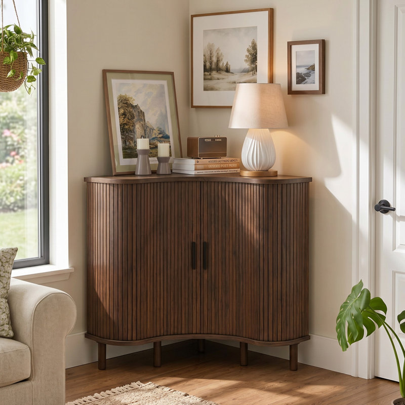 Armoire de coin cannelée avec portes coulissantes et tablettes réglables, petite armoire de coin pour le salon et la cuisine