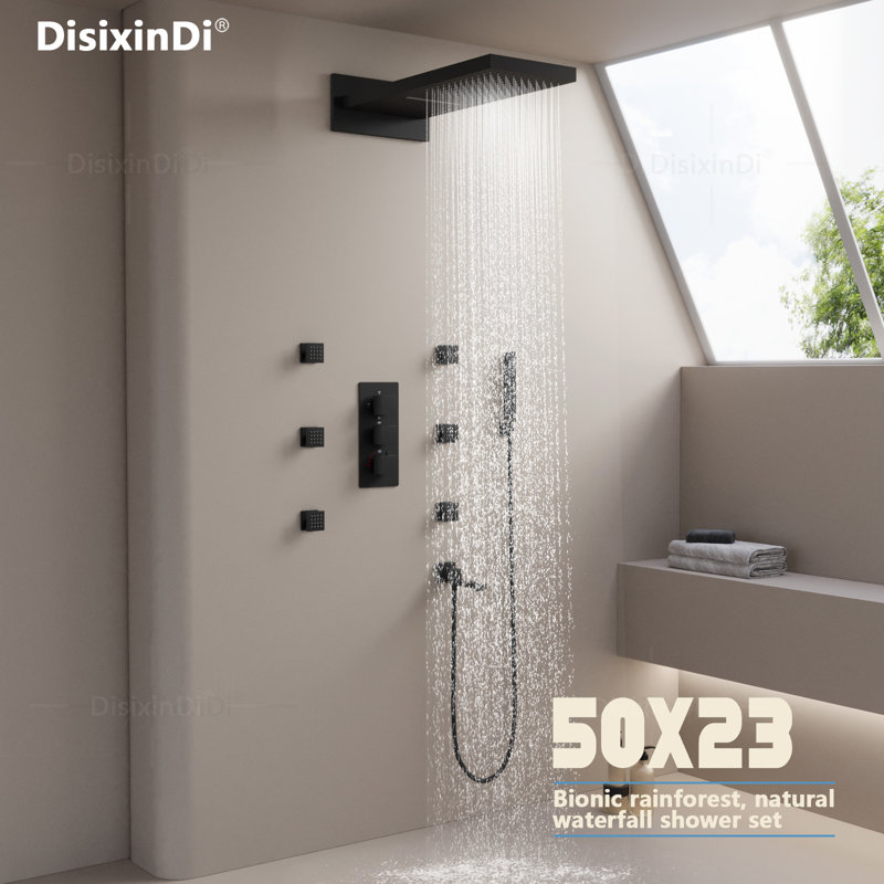 Ensemble de robinet de douche mural noir à cascade et pluie, valve thermostatique brute incluse
