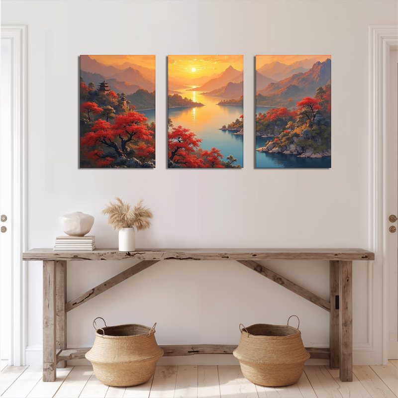 Paysage de montagne d'automne avec arbres rouges et pagode - Tableau sur toile (lot de 3), H 30 po x l 60 po