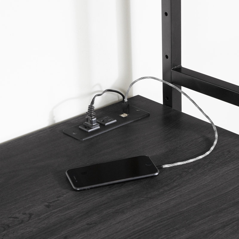Gray Oak and Black Wall-Mounted Desk with Power Outlets and Storage