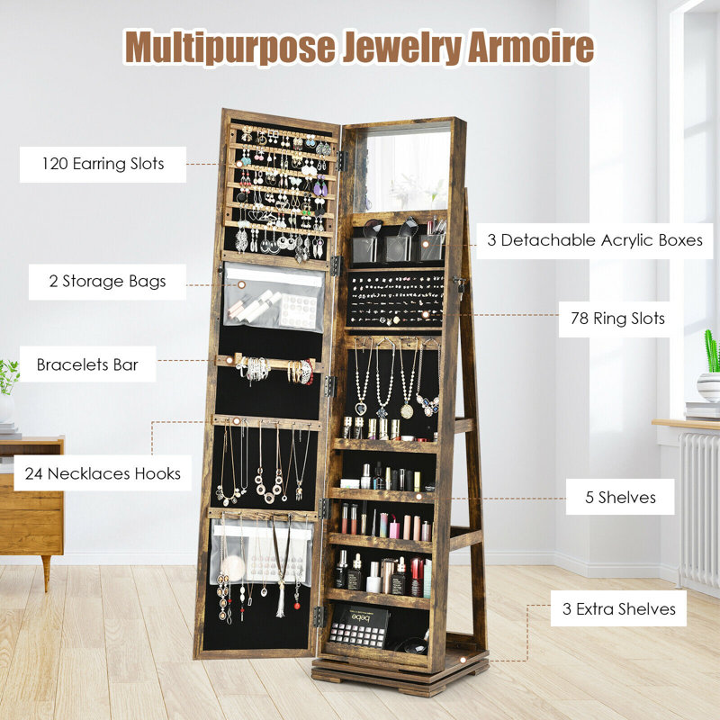 Darvone Freestanding Jewelry Armoire, Rustic Brown
