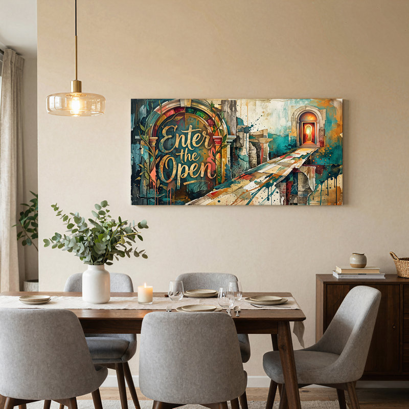 «Entrer dans l'ouverture en pierre», art mural toile sarcelle or éclaboussures, L 40 po x H 20 po