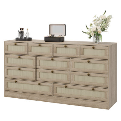 61" Wood Dresser with 12 Rattan Drawers, Modern TV Stand Chest for Bedroom & Living Room by George Oliver