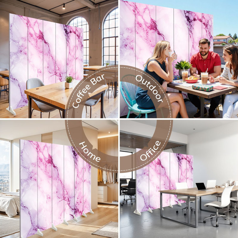 Paravent pliant à 6 panneaux, séparateur de pièce en toile à veinures abstraites de marbre rose royal et blanc magenta, cloison de protection autoportante pour plus d'intimité