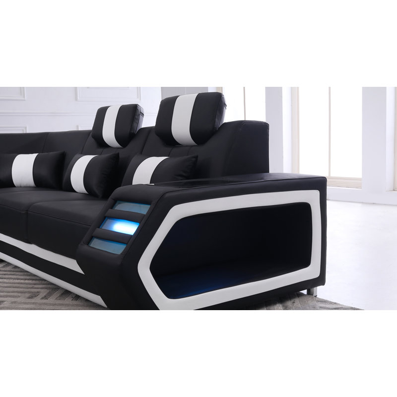 Canapé modulaire de coin de 150 po de largeur Loberta, Cuir noir / blanc, Orienté vers la droite