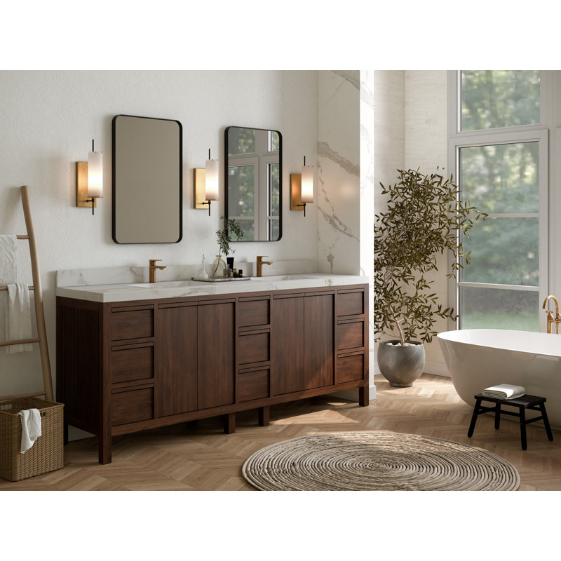 84'' Dark Walnut Teak Double Bathroom Vanity with Quartz Top