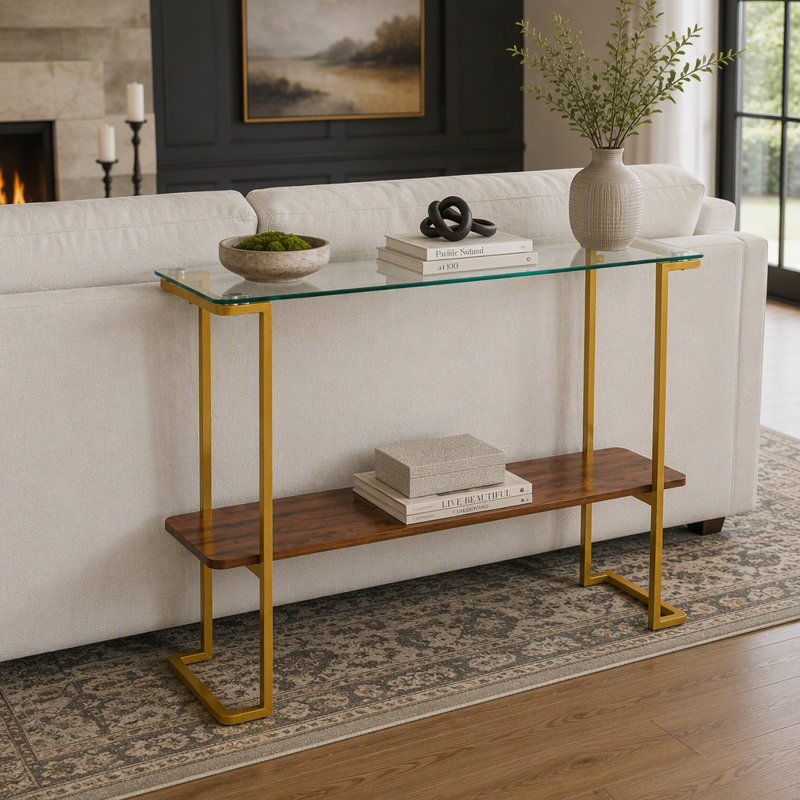 Console à deux niveaux, style moderne du milieu du siècle, avec plateau en verre transparent.