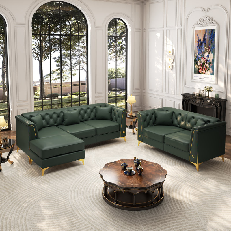 Ensemble de salon 3 pièces Chesterfield, Vert, 3 Pieces: Sofa, Loveseat, Ottoman