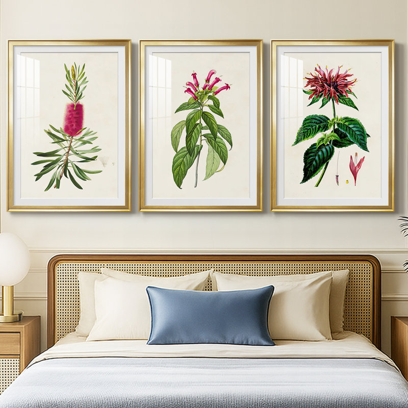 «Pretty Pink Botanicals VII», reproduction sur mesure encadrée de qualité supérieure - 3 pièces, H 27 po x l 39 po, Doré