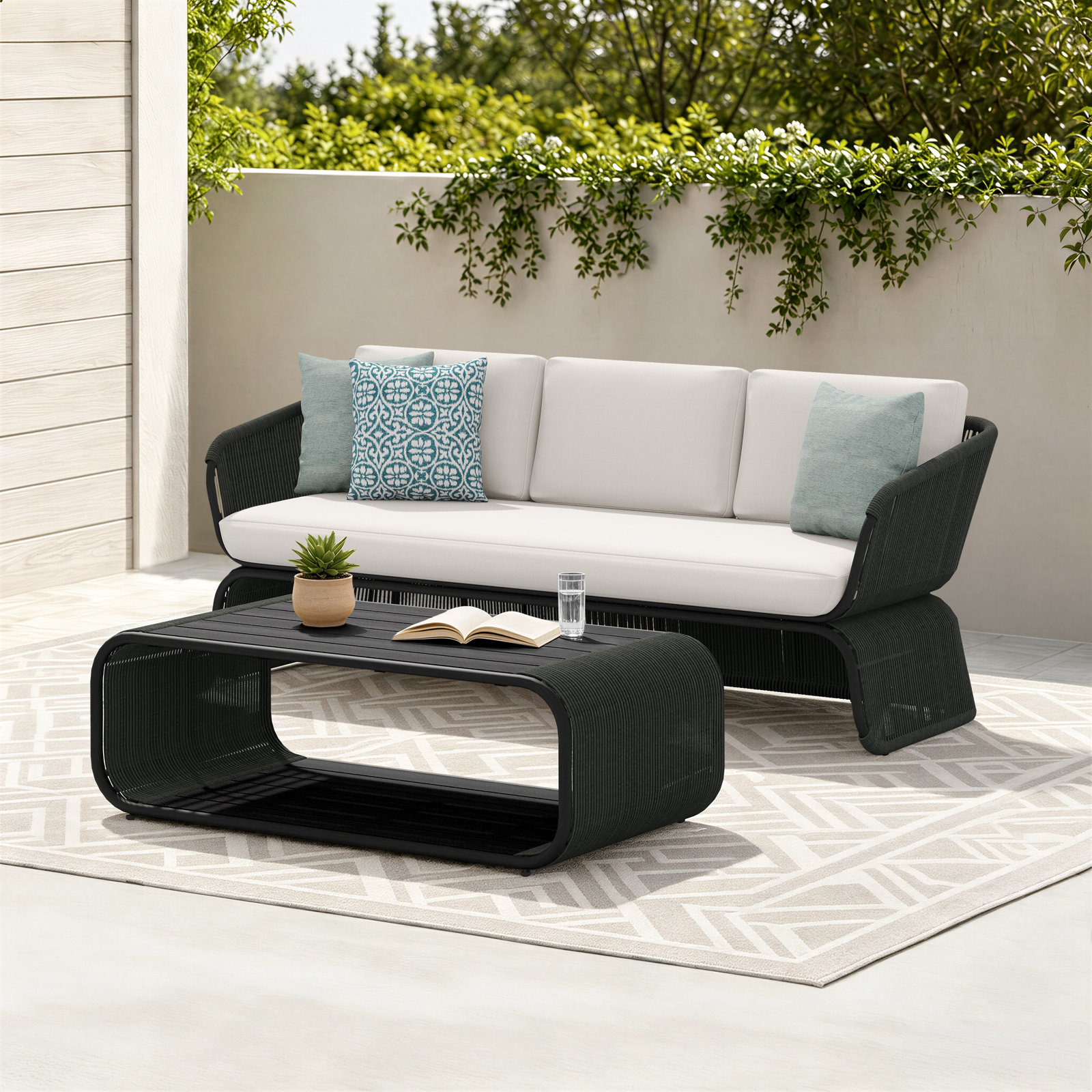 Carlen 3-Person Sunbrella® Patio Seating Group, Canvas Birds Eye Cushion/Green Frame