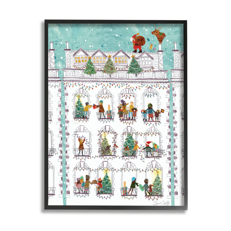 Père Noël, cadeaux sur le toit, encadré sur bois par Dawn Quigg, impression, H 14 po x l 11 po, Giclée encadrée noir minuit
