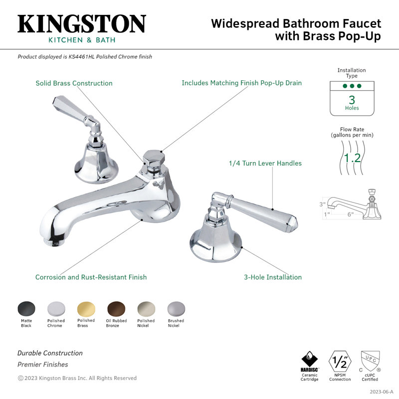Kingston Brass Metropolitan Two-Handle 3-Hole Deck Mount Widespread Bathroom Faucet with Brass Pop-Up Drain, Polished Chrome