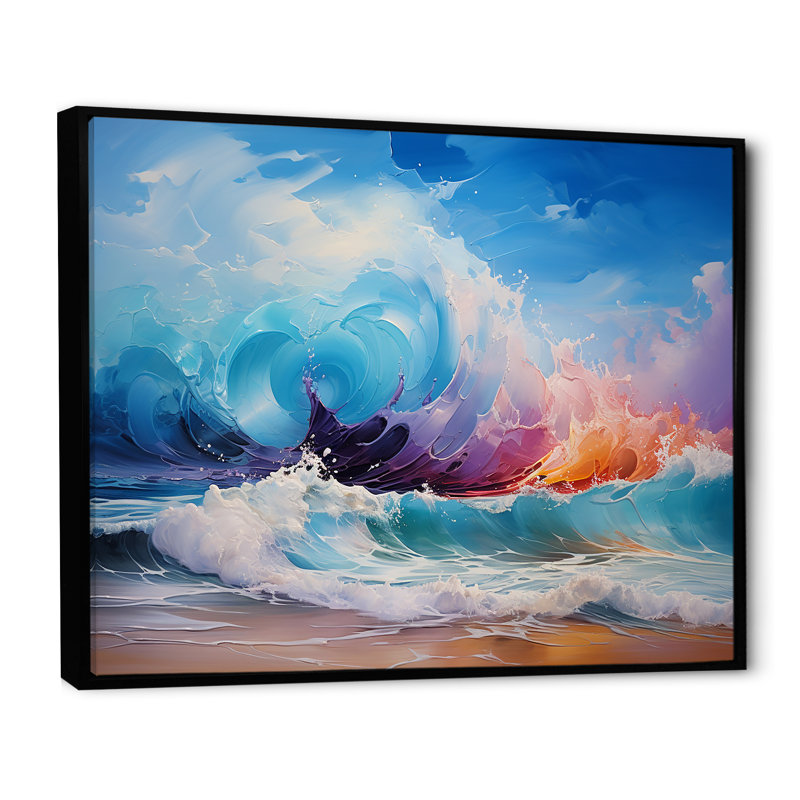 «Vibrant Beach Waves 4» - art mural vagues côtières, H 34 po x l 44 po x P 1,5 po, Cadre flottant noir
