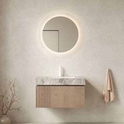 Meuble-lavabo 30 po, meuble de rangement flottant en contreplaqué avec tiroir et porte, comptoir en pierre frittée gris clair et lavabo en céramique avec 1 trou de robinet pré-percé, pré-assemblé