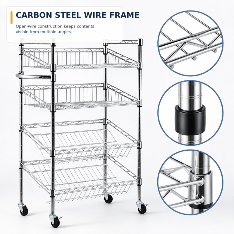 Étagère de rangement roulante à 4 niveaux, étagère métallique réglable avec paniers et roulettes verrouillables pour garde-manger ou garage