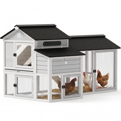71-in Wooden Chicken Coop with Nesting Box, Outdoor Run, Lockable Doors