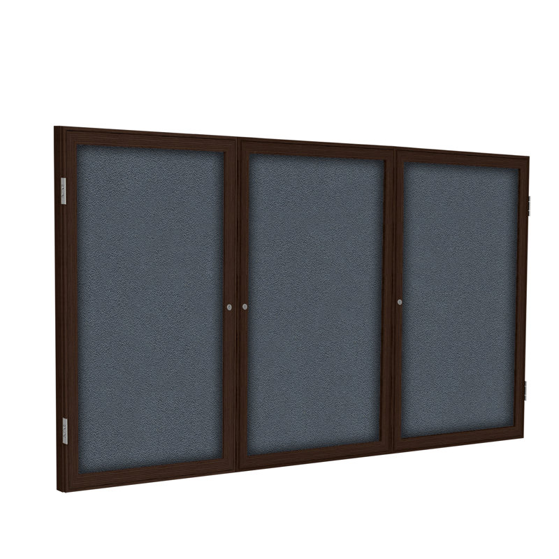 Babillards fermés en tissu à 3 portes avec cadre en bois Ghent, Gris, H 4 pi x l 6 pi, Noyer