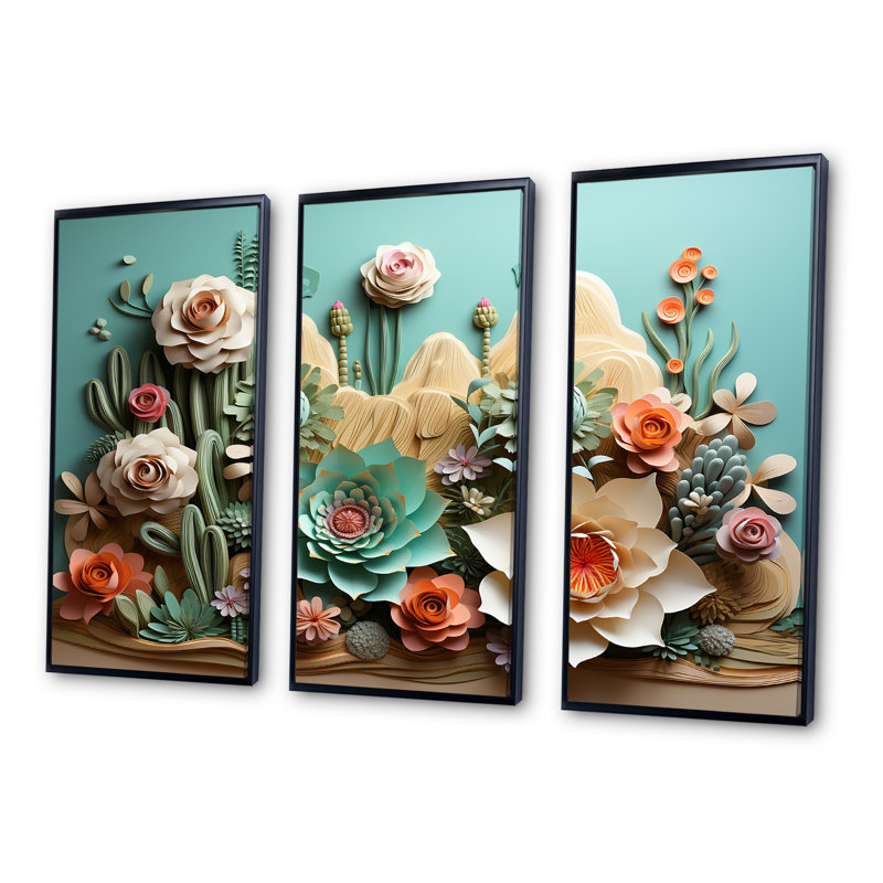Ensemble de salon Cactus Mint Mirage - Floral Cactus Wall Art, H 28 po x l 36 po x P 1 po, Cadre flottant noir