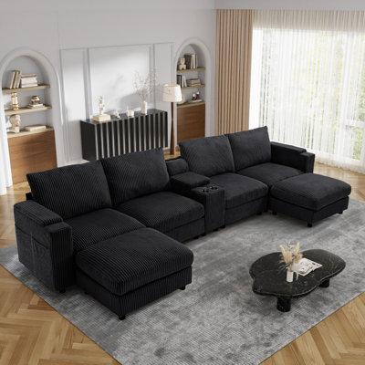 153'' U-shaped Corduroy Sectional Sofa with USB Ports and Storage Console