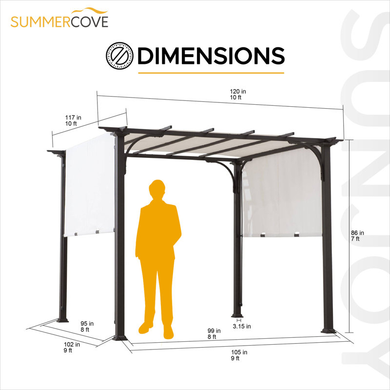 SUNJOY Meadow 10 x 10 ft. Pergola, Outdoor Patio Brown Steel Classic Frame Pergola with Retractable White Canopy Shade for Backyard