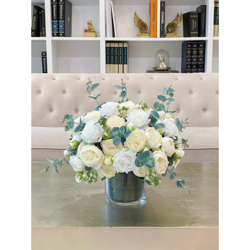17 Inch Large White Real Touch Rose and Silk Peony Centerpiece with Eucalyptus in Clear Glass Vase, French Country Faux Floral Arrangement for Dining Table and Wedding Decor