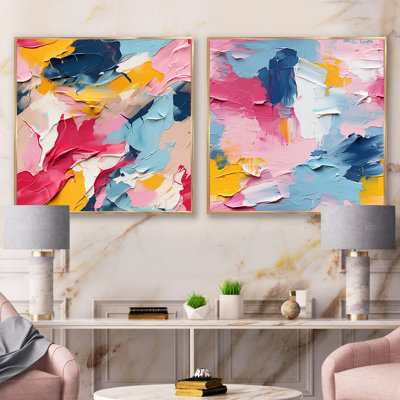 Aquarelle, superposition de rayures bleues et roses - ensemble de 2 collages carrés abstraits