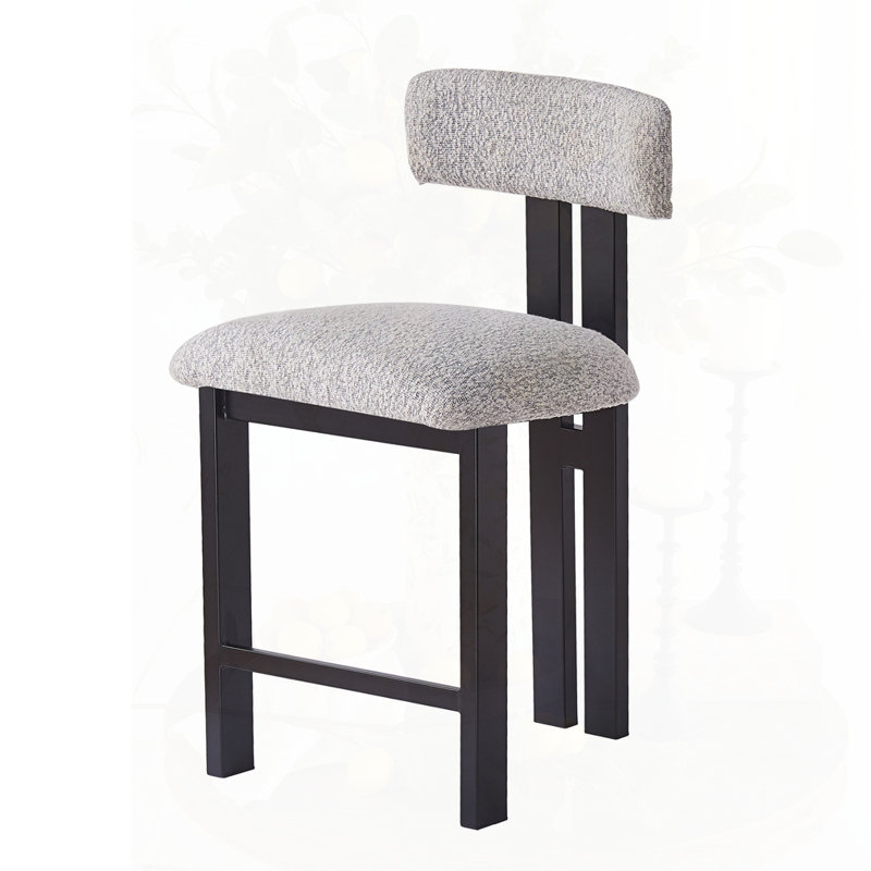 Stylish Round Stools with  Upholstered Seat & Black Metal Frame, Gray
