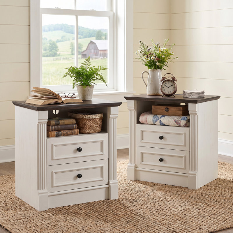 Table d'appoint de style campagnard à 2 tiroirs de 66 cm de haut avec tablette ouverte et station de recharge, table d'appoint avec conception de colonne romaine pour salon (ensemble de 2)