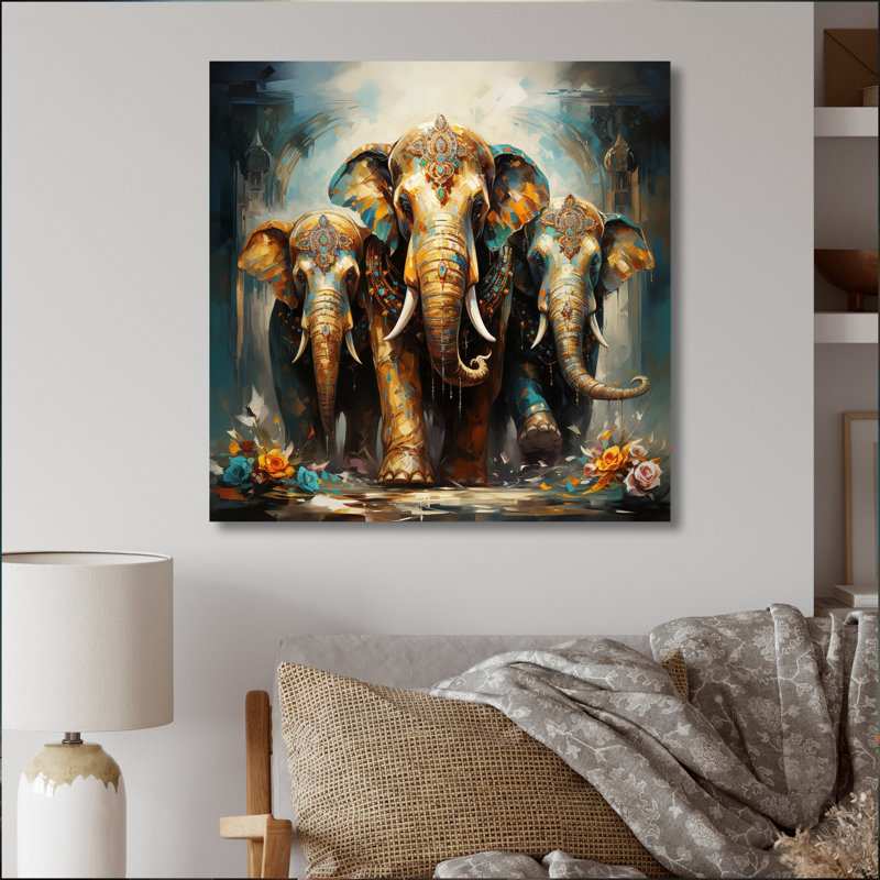 Art asiatique, éléphants thaïlandais X - Art mural asiatique en métal, H 23 po x l 23 po x P 1 po