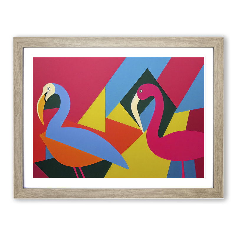 Two Abstract Flamingos Vol.2 - Framed Print, 34cm H x 46cm W x 2cm D, Oak Framed